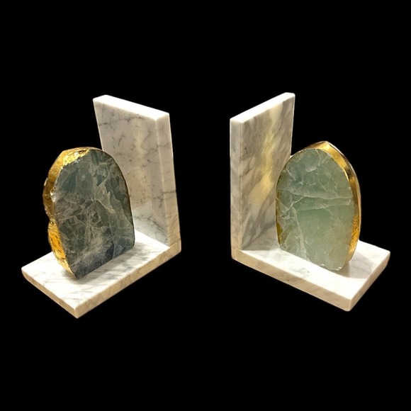 Anthropologie Sliced Bookends Green gold marbled Crystal heavy Beautiful Classy - Picture 2 of 16